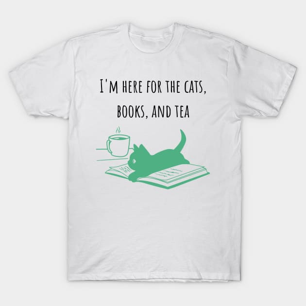 Cat, Books, and Tea Green T-Shirt by KatherineMcIntyre